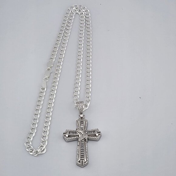 Brand New Sterling Silver 925 Cross with hands Necklace - Picture 2 of 9